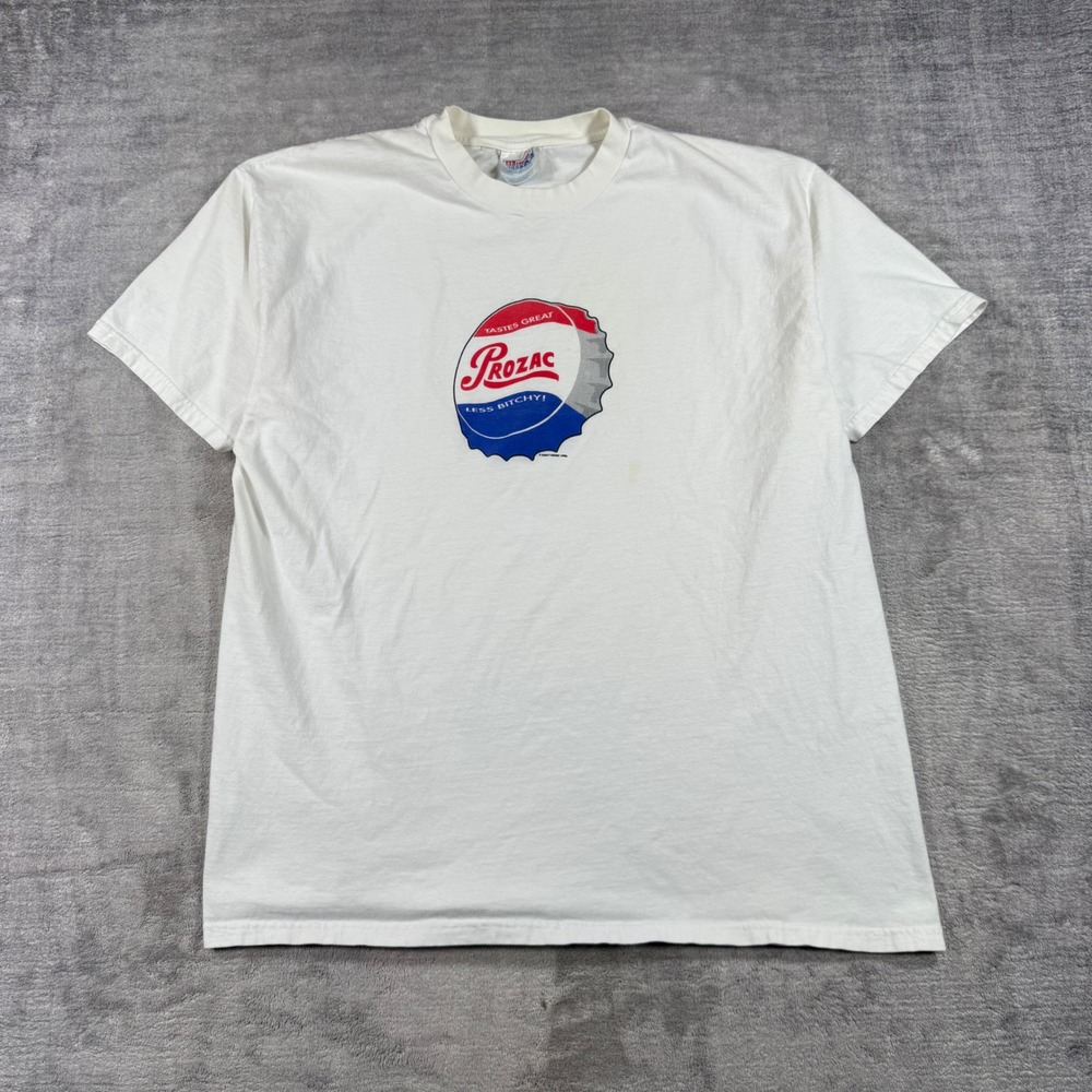Prozac Shirt Mens XL White Drug Parody Dont Panic Vintage 1996 Pepsi Graphic